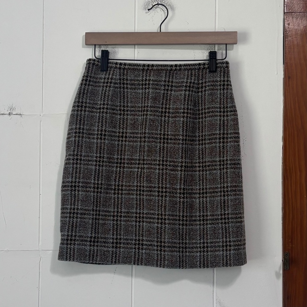 Ann Taylor 90s Brown Grey Plaid Wool Blend Mini Pencil Skirt 6 Career Preppy